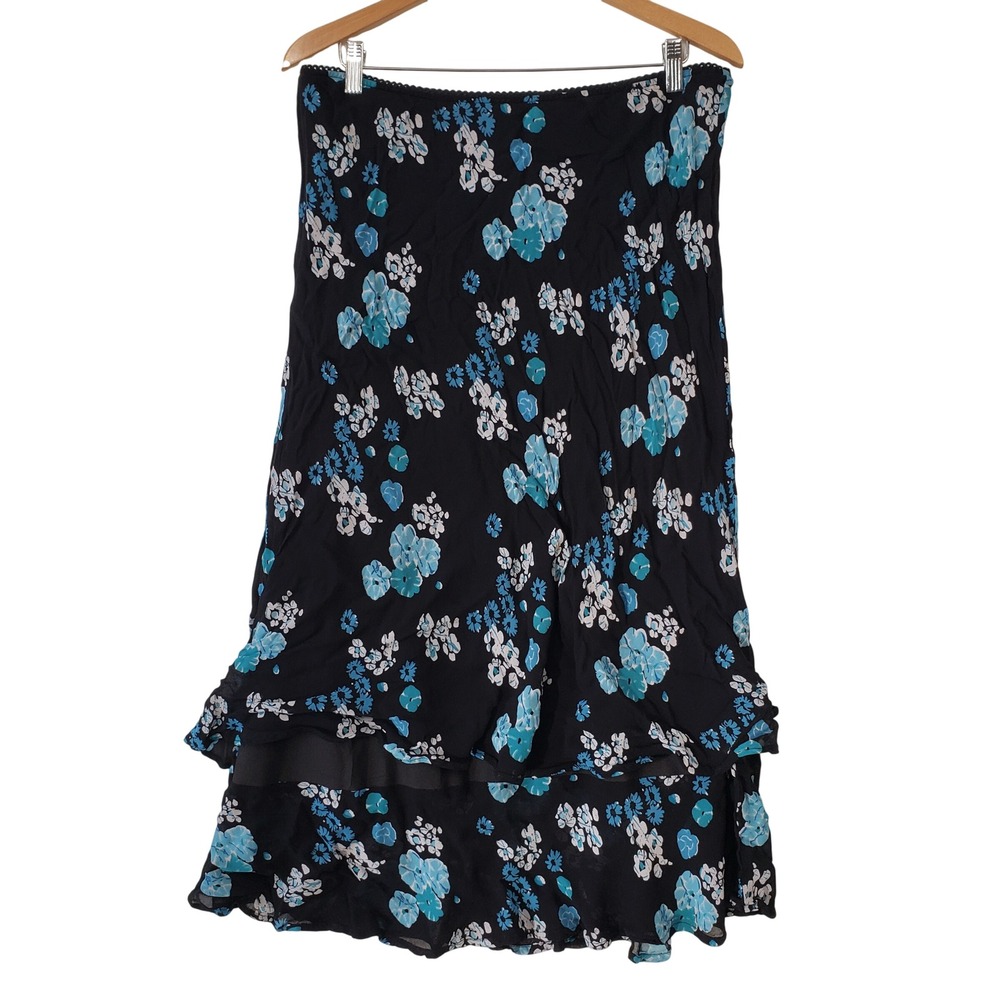 Vintage Floral Midi Skirt Size 14 Black Blue Tiered Ruffle Y2K Boho‎ Cottagecore